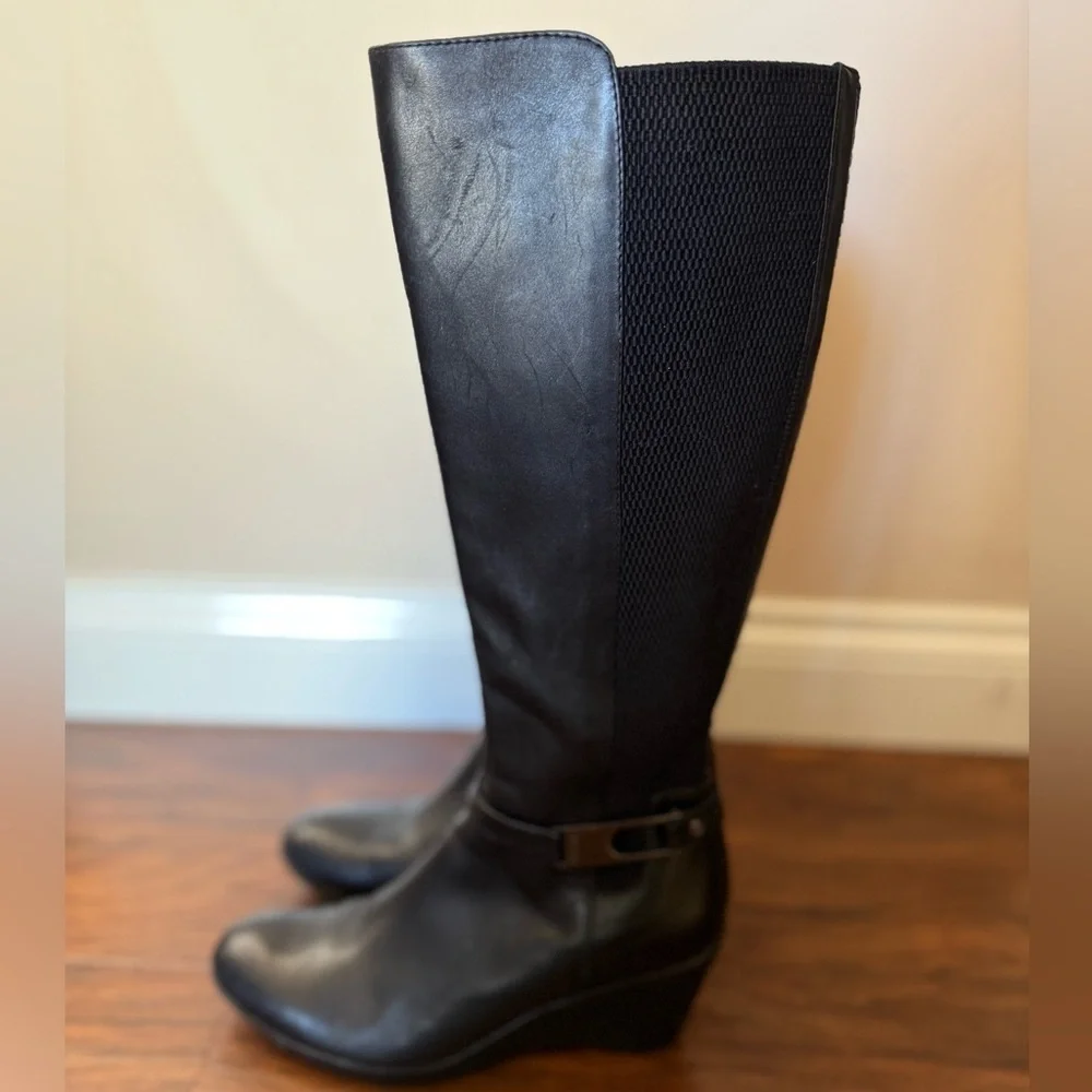 Blondo Laina Black Leather Wedge Knee-High Waterproof Boots-Size8